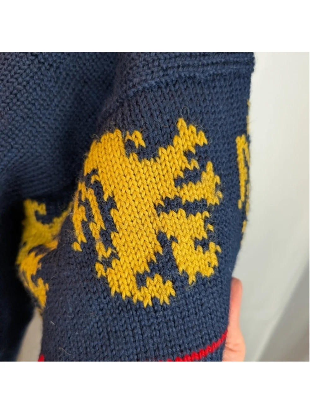 Handmade Wool Navy Cardigan with Yellow Lion Accents Size L In VGUC